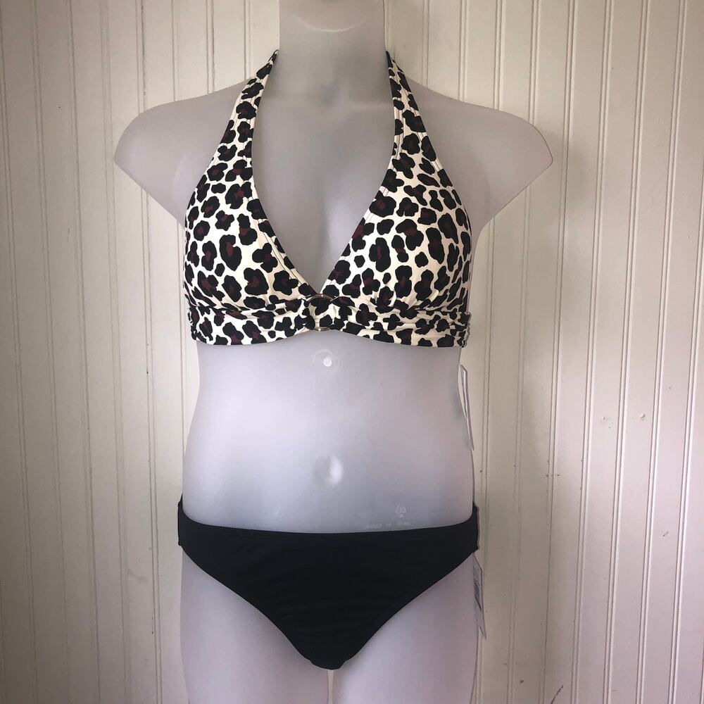 MICHAEL KORS Retail $122 Maroon Black Animal Print Halter 2 Piece Size Large